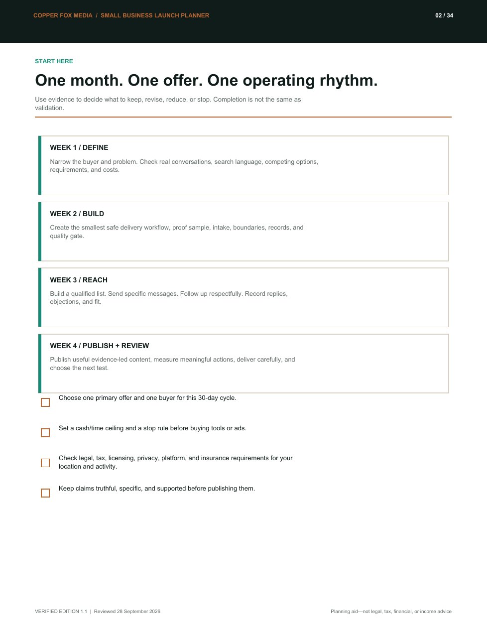 Small Business Launch Planner: Run the month from evidence, not assumptions