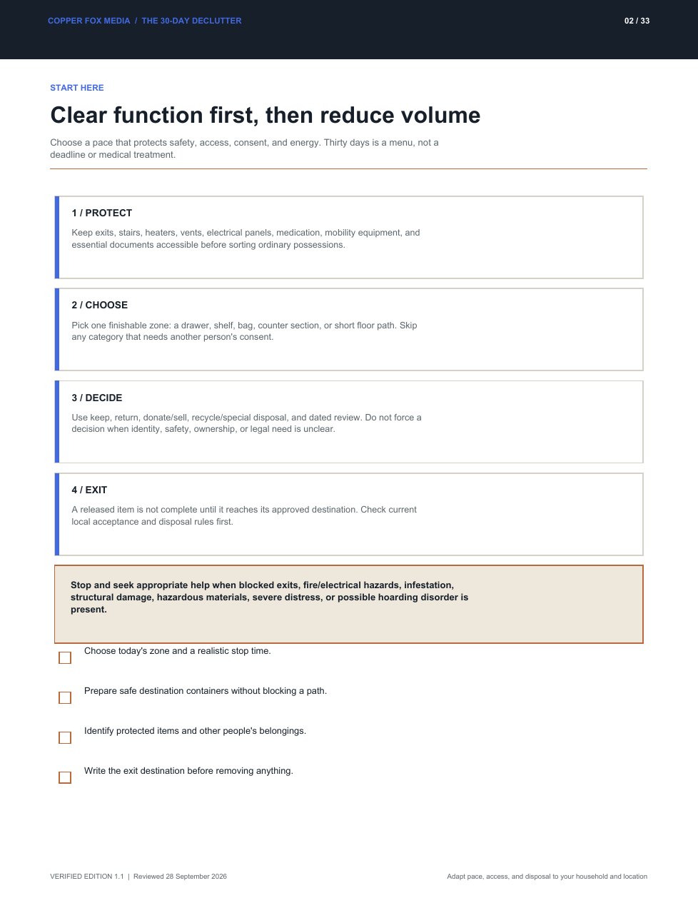 The 30-Day Declutter: Clear function first, then reduce volume
