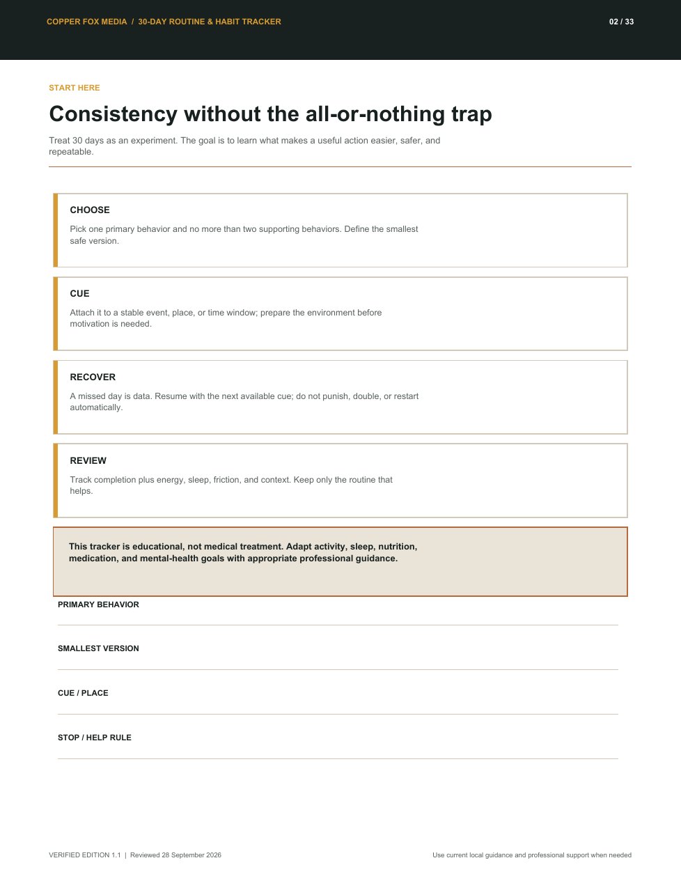 30-Day Routine & Habit Tracker: Track cues, friction and effect—not only streaks